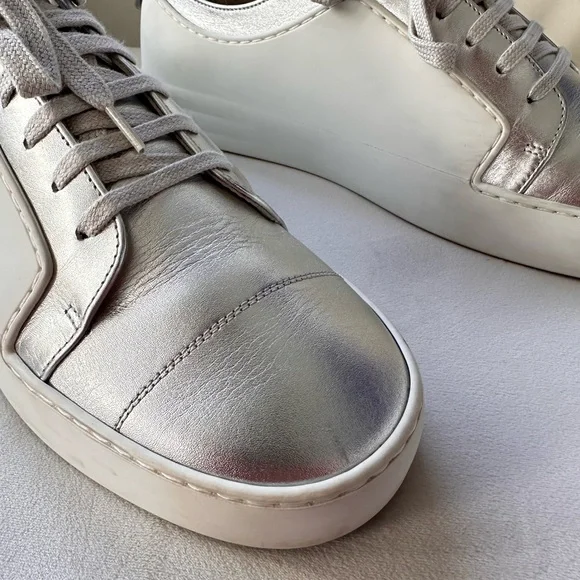 Authentic Chanel CC Sneakers White And Metallic Grey Shoes EuSize 42 US 9